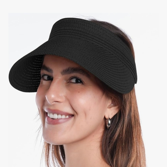 NWOT Chic Black Woven Sun Visor Straw Hat - Picture 1 of 9